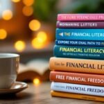 Stack of financial books with a coffee cup.