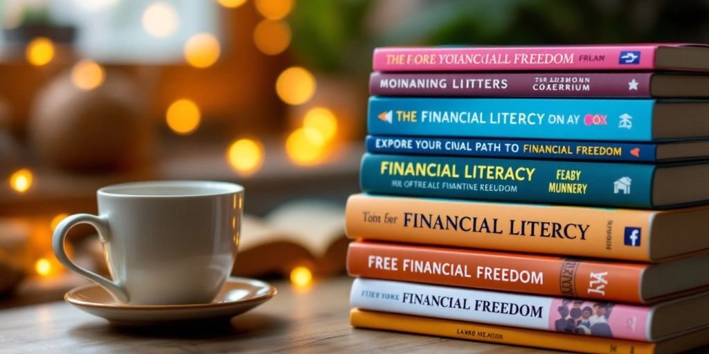 Stack of financial books with a coffee cup.