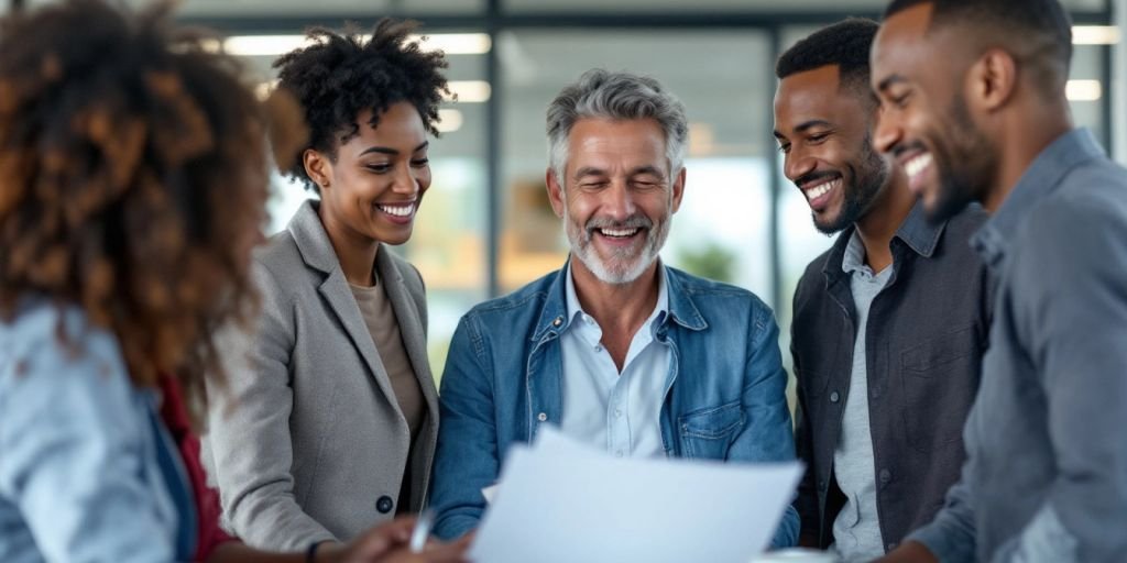 Employees discussing health benefits and retirement plans in office.