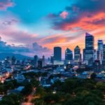 Vibrant city skyline at sunset with skyscrapers.