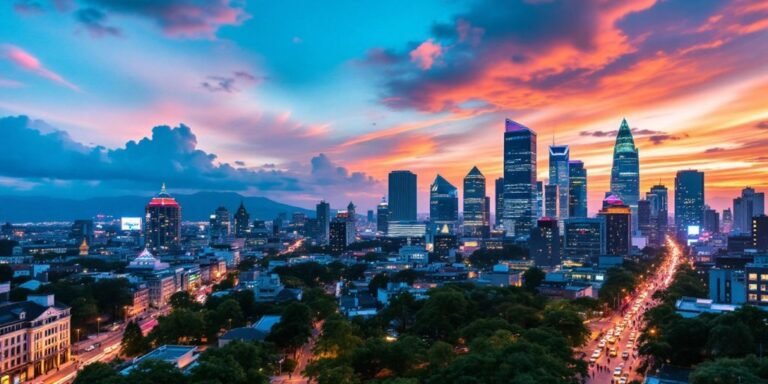 Vibrant city skyline at sunset with skyscrapers.