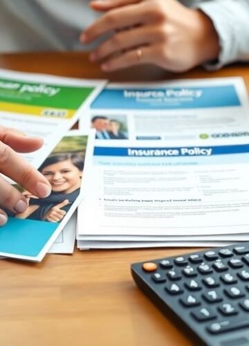 Person comparing insurance policy brochures on a table.