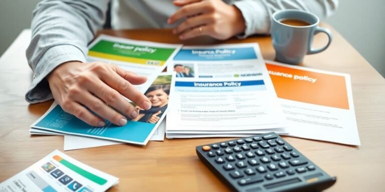 Person comparing insurance policy brochures on a table.