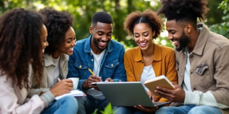 Young adults discussing budgeting strategies outdoors in nature.