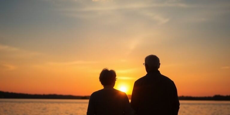 Elderly couple by a lake at sunset.