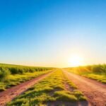 A peaceful landscape with a path and sunrise.