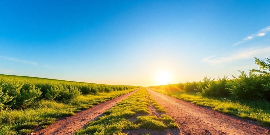 A peaceful landscape with a path and sunrise.