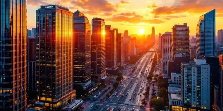 City skyline at sunset with vibrant colors and activity.