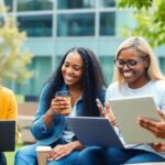 Diverse gig workers collaborating outdoors with laptops and smartphones.