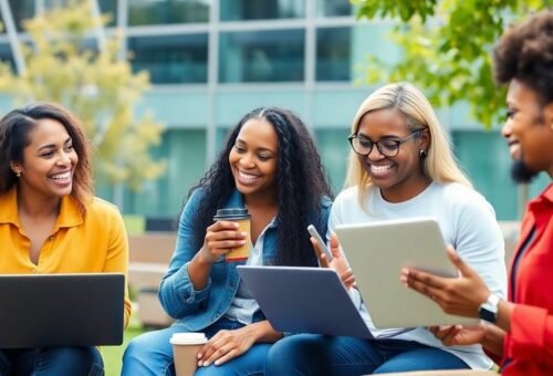 Diverse gig workers collaborating outdoors with laptops and smartphones.