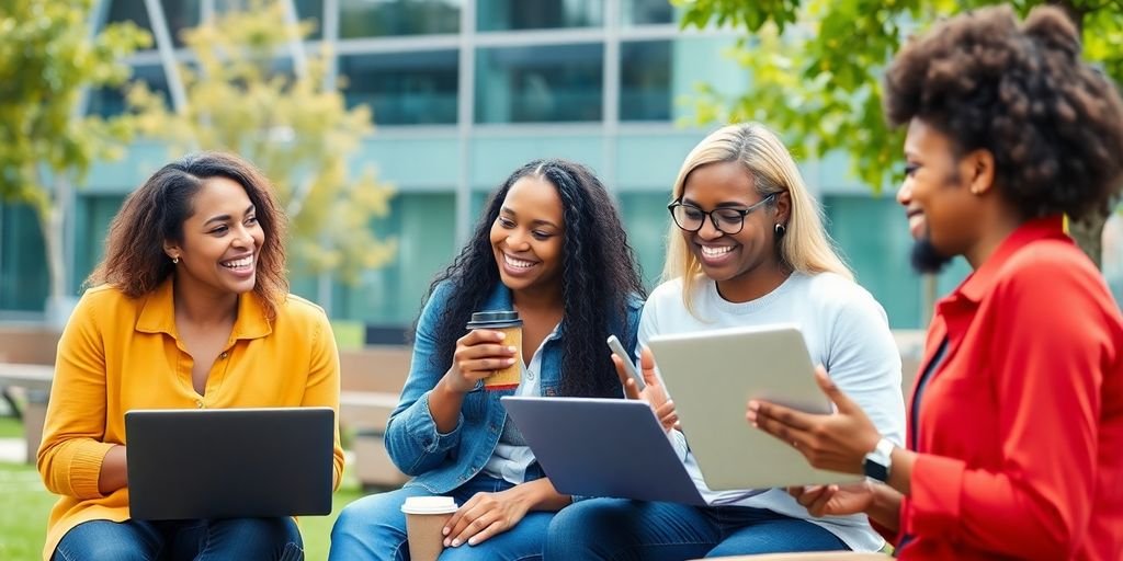 Diverse gig workers collaborating outdoors with laptops and smartphones.