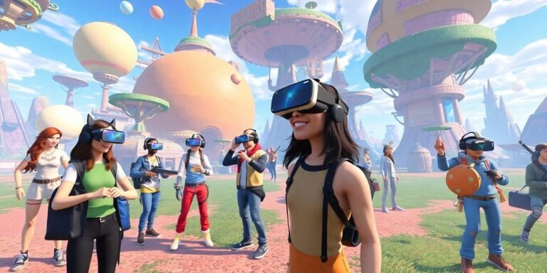 Colorful avatars in a dynamic virtual reality environment.