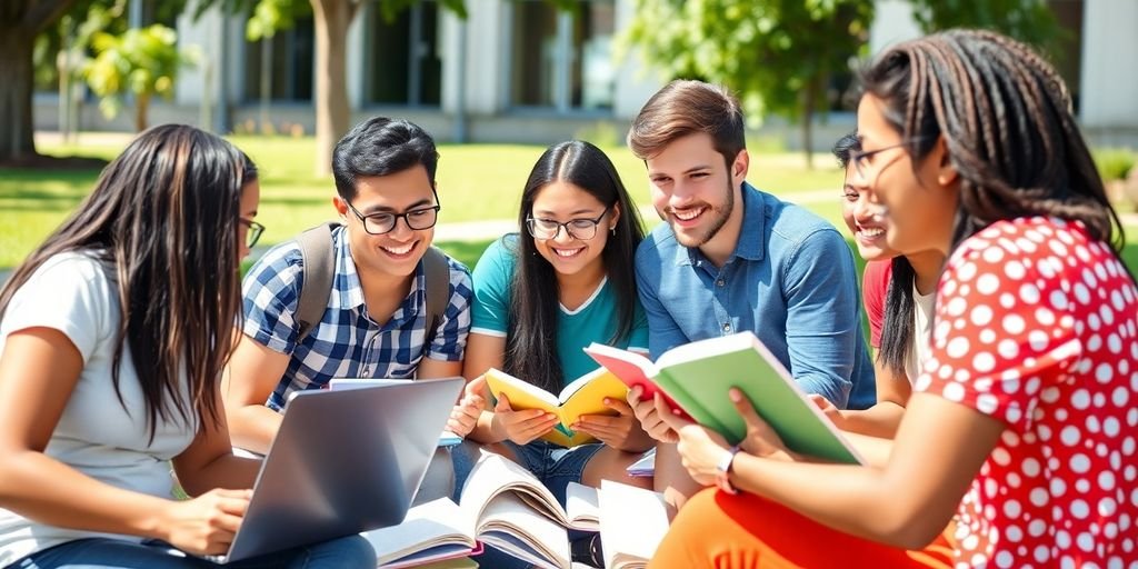 Students studying outdoors with books and laptops.