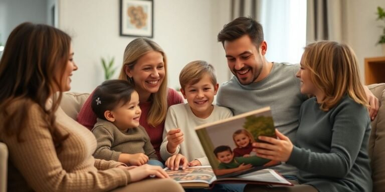 Family discussing future plans in a warm living room.