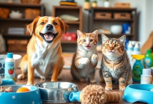 Dog and cat playing with budget pet care supplies.