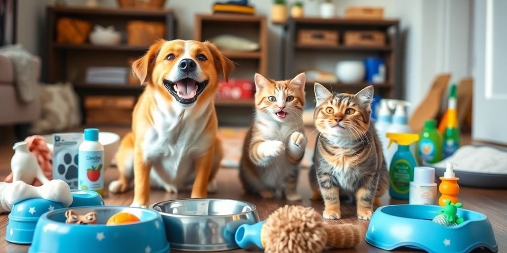 Dog and cat playing with budget pet care supplies.