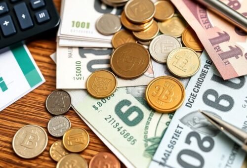 Colorful currency notes and coins on a wooden table.