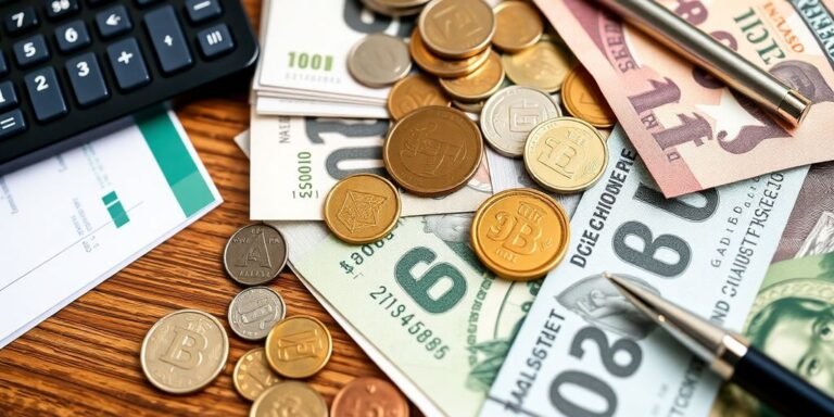 Colorful currency notes and coins on a wooden table.