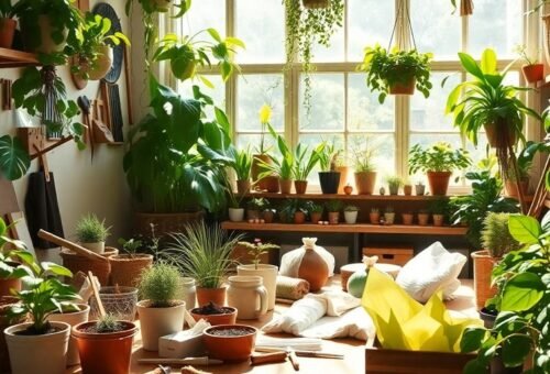 Workspace with plants and eco-friendly crafting materials.