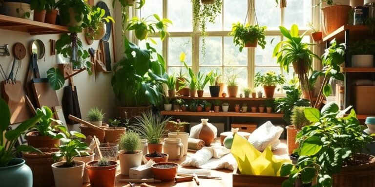 Workspace with plants and eco-friendly crafting materials.