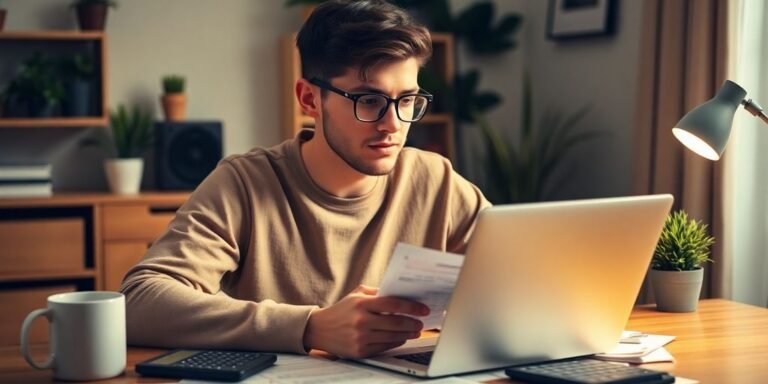 Young adult managing finances in a cozy home office.